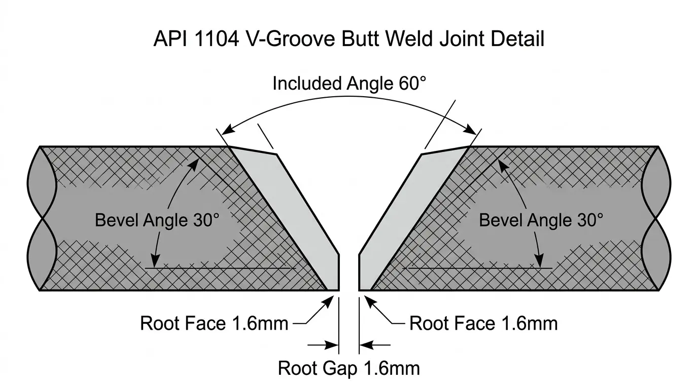 API 1104 standard V-groove bevel joint detail showing 30-degree bevel angle, 1.6mm root face, and 1.6mm root gap with dimensional annotations
