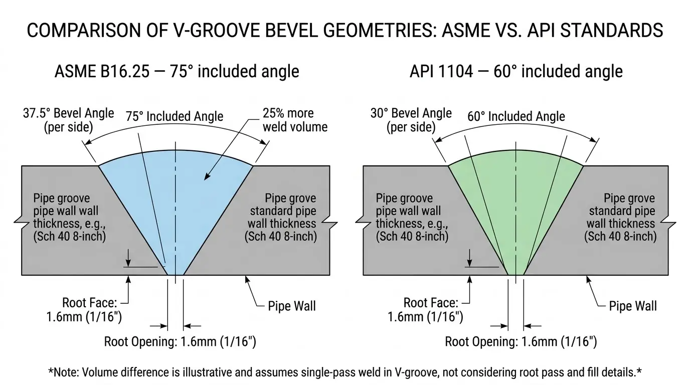 Diagram showing how bevel angle differs across ASME (37.5°), AWS D1.1 (30°), API 1104 (30°), and EN ISO 9692 (25-30°) welding codes