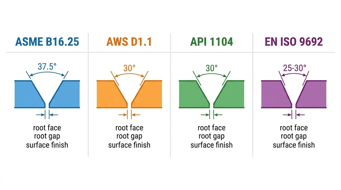 Master comparison chart of bevel requirements across ASME, AWS, API 1104, and EN ISO 9692 welding codes