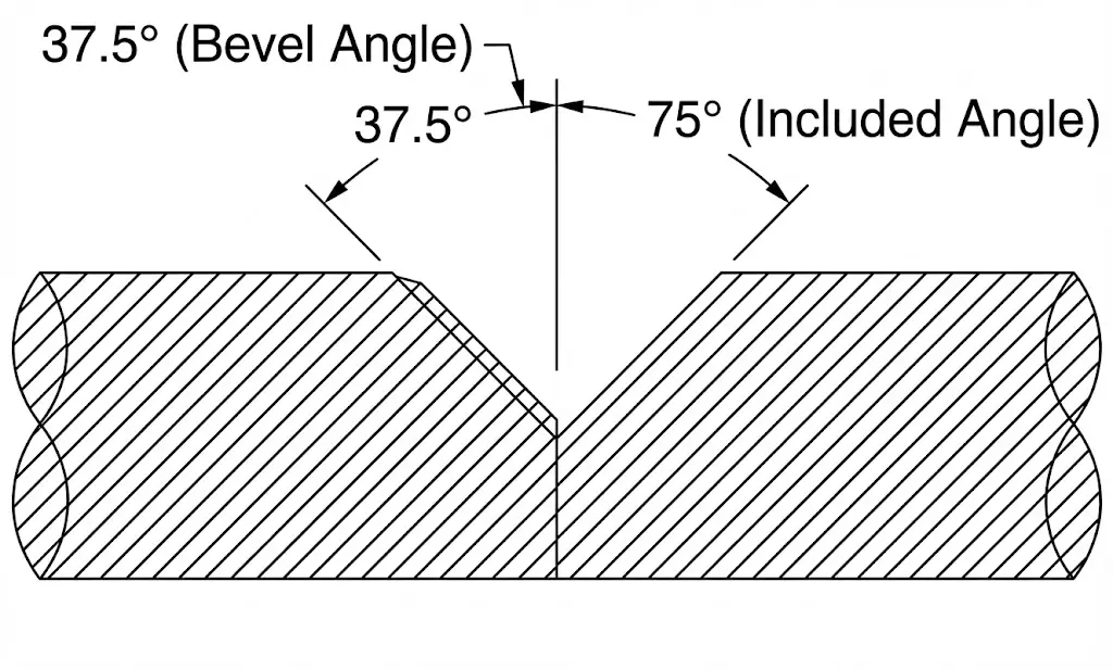 Pipe bevel angle vs included angle — diagram showing the difference between single-side bevel angle and total groove angle