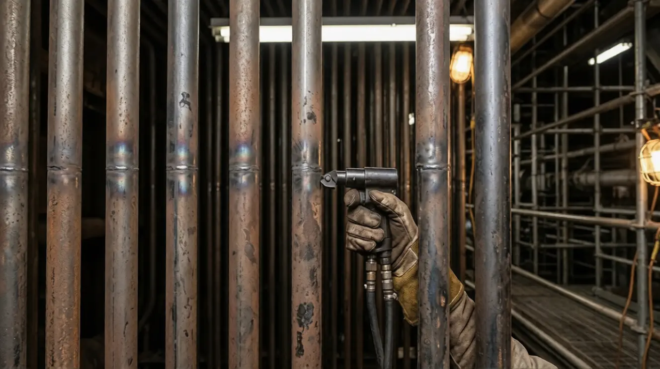 Boiler waterwall tube bank showing tight tube spacing that limits beveling machine access