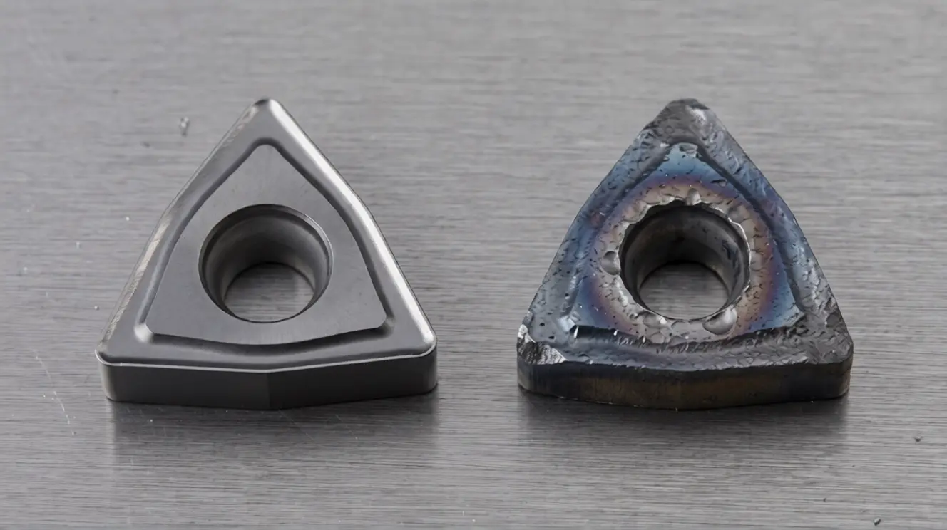 Close-up comparison of carbide insert wear patterns: normal flank wear vs heat damage from incorrect cutting parameters