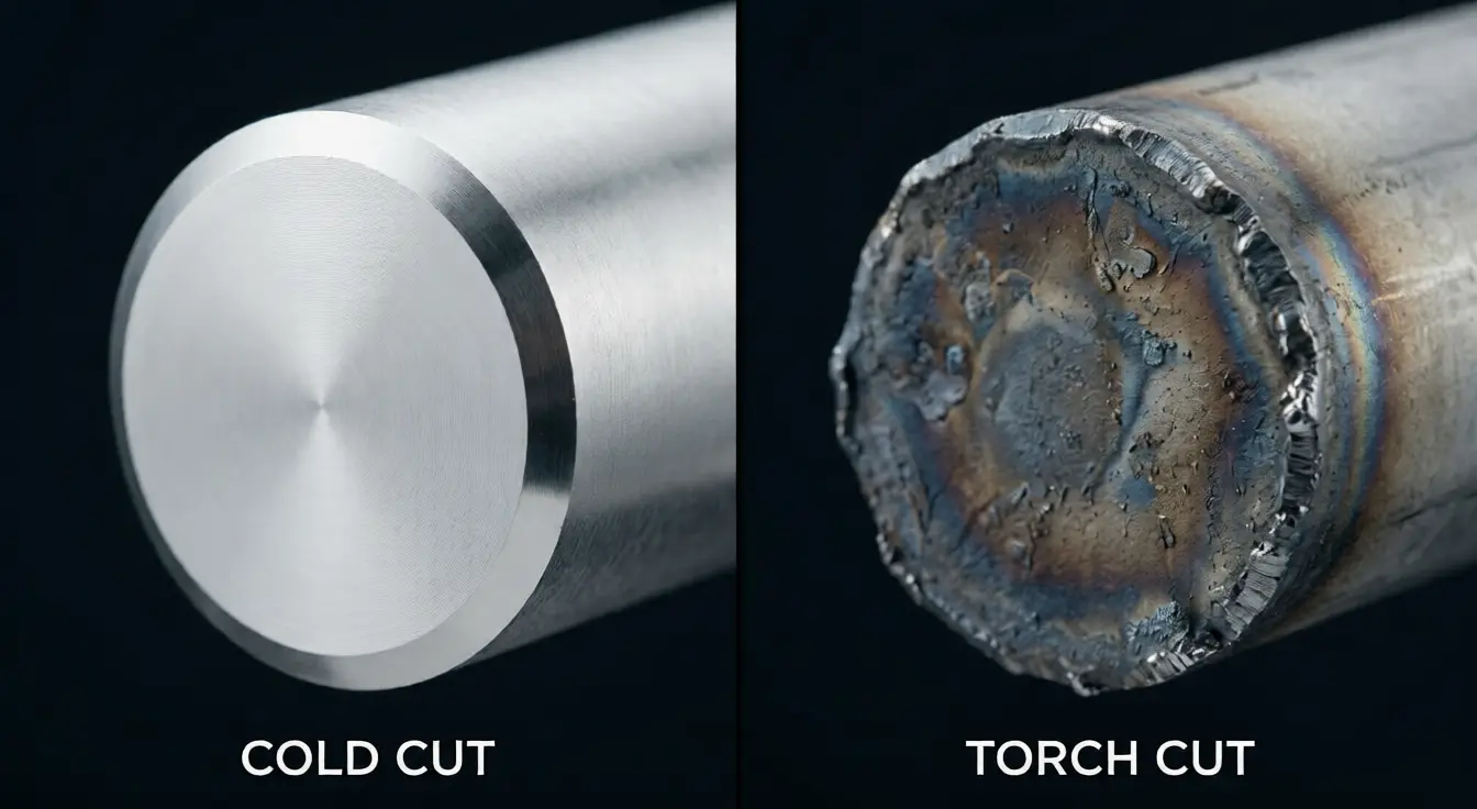 Cold cut vs torch cut pipe surface comparison — machine-finished weld-ready surface on left, rough oxidized thermal cut on right
