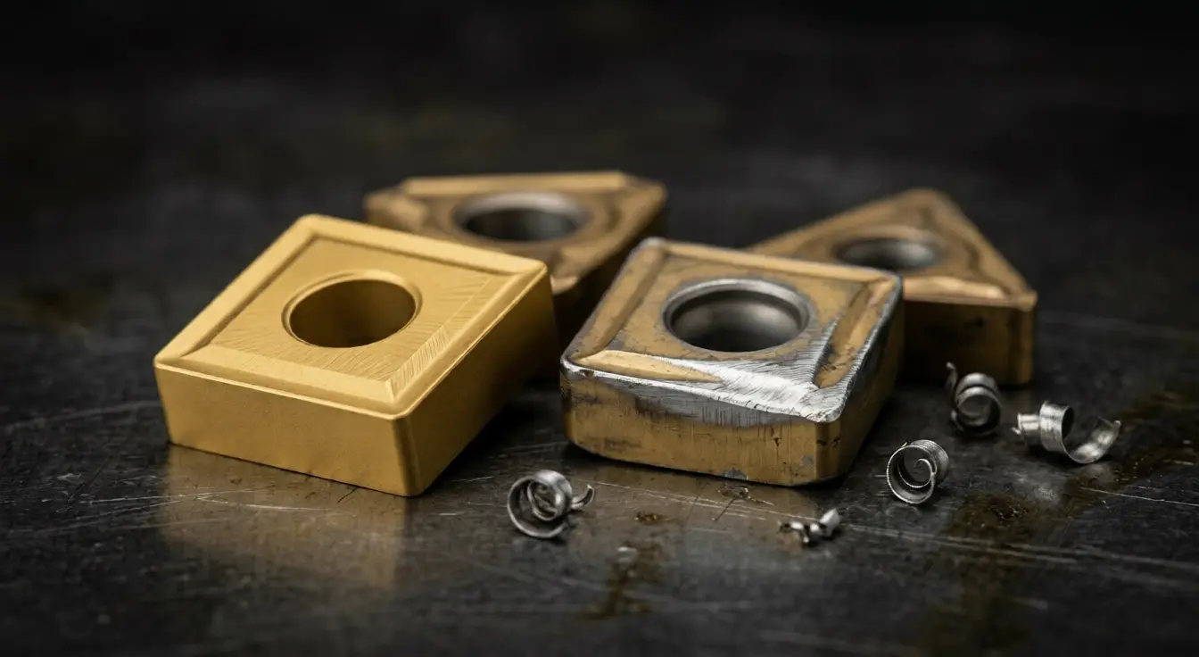 Carbide cutting inserts for pipe cold cutting machines — new insert vs worn insert comparison showing cutting edge condition