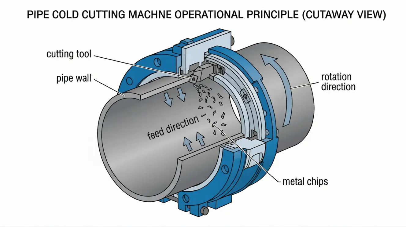 Pipe cold cutting machine working principle — carbide tool orbiting around pipe circumference removing metal chips