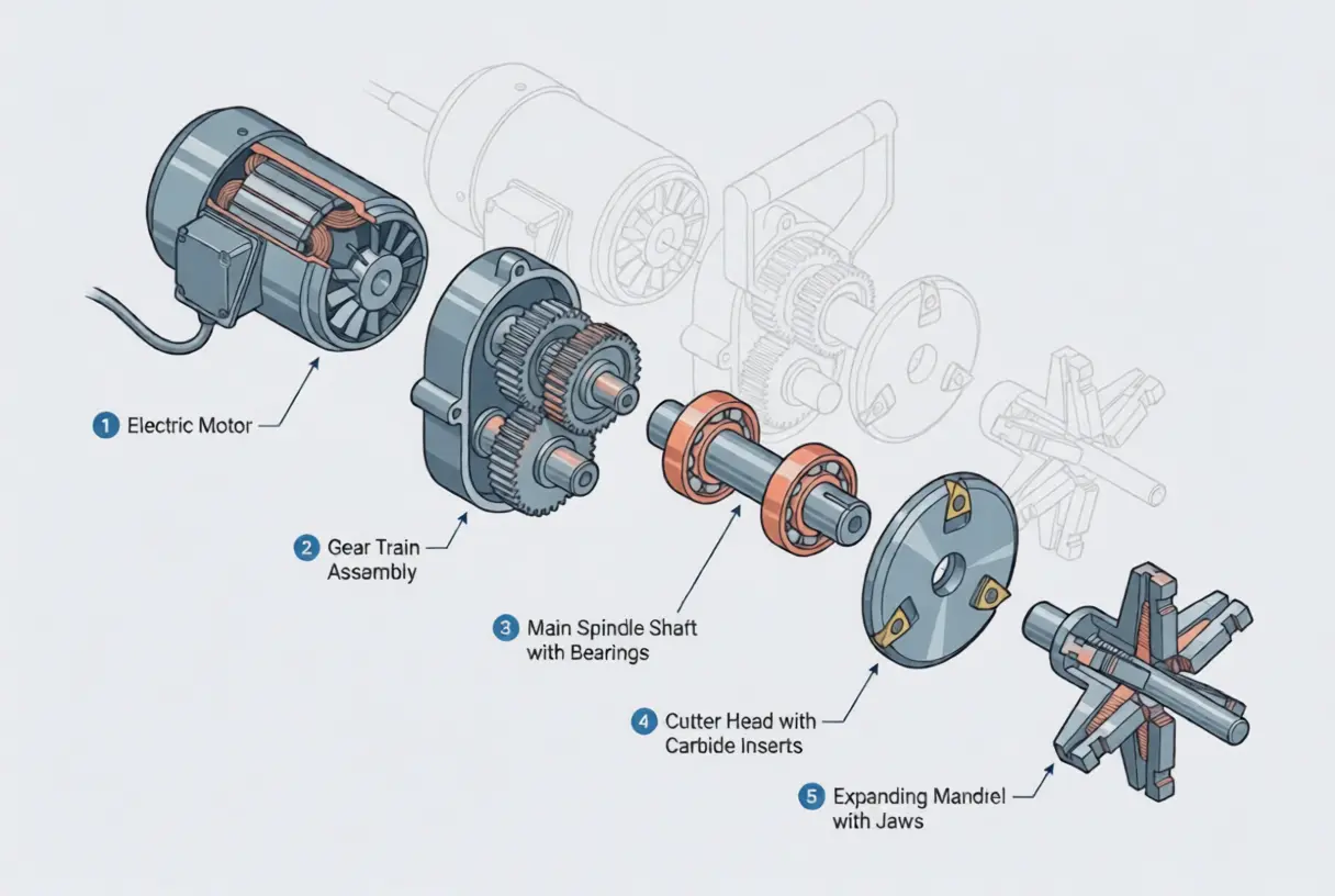 Exploded diagram of a pipe beveling machine showing the five main components: motor, gear train, spindle with bearings, cutter head with inserts, and expanding mandrel