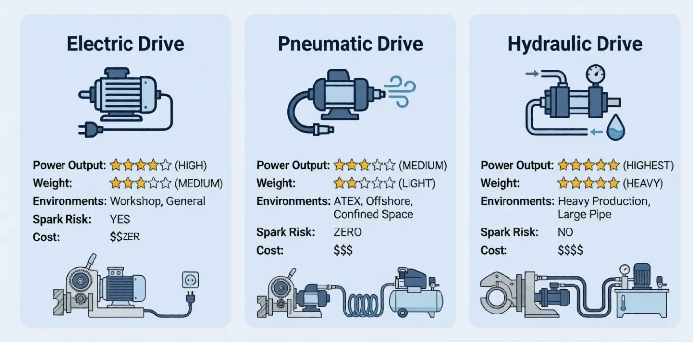 Comparison chart: Electric vs Pneumatic vs Hydraulic drives — showing power output, weight, environments, and cost for each type
