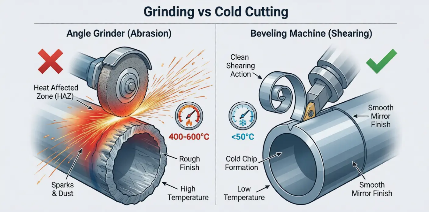 Side-by-side comparison: Grinding (abrasive material removal with heat and rough surface) vs Cold Cutting (shearing chip removal with no heat and smooth surface)