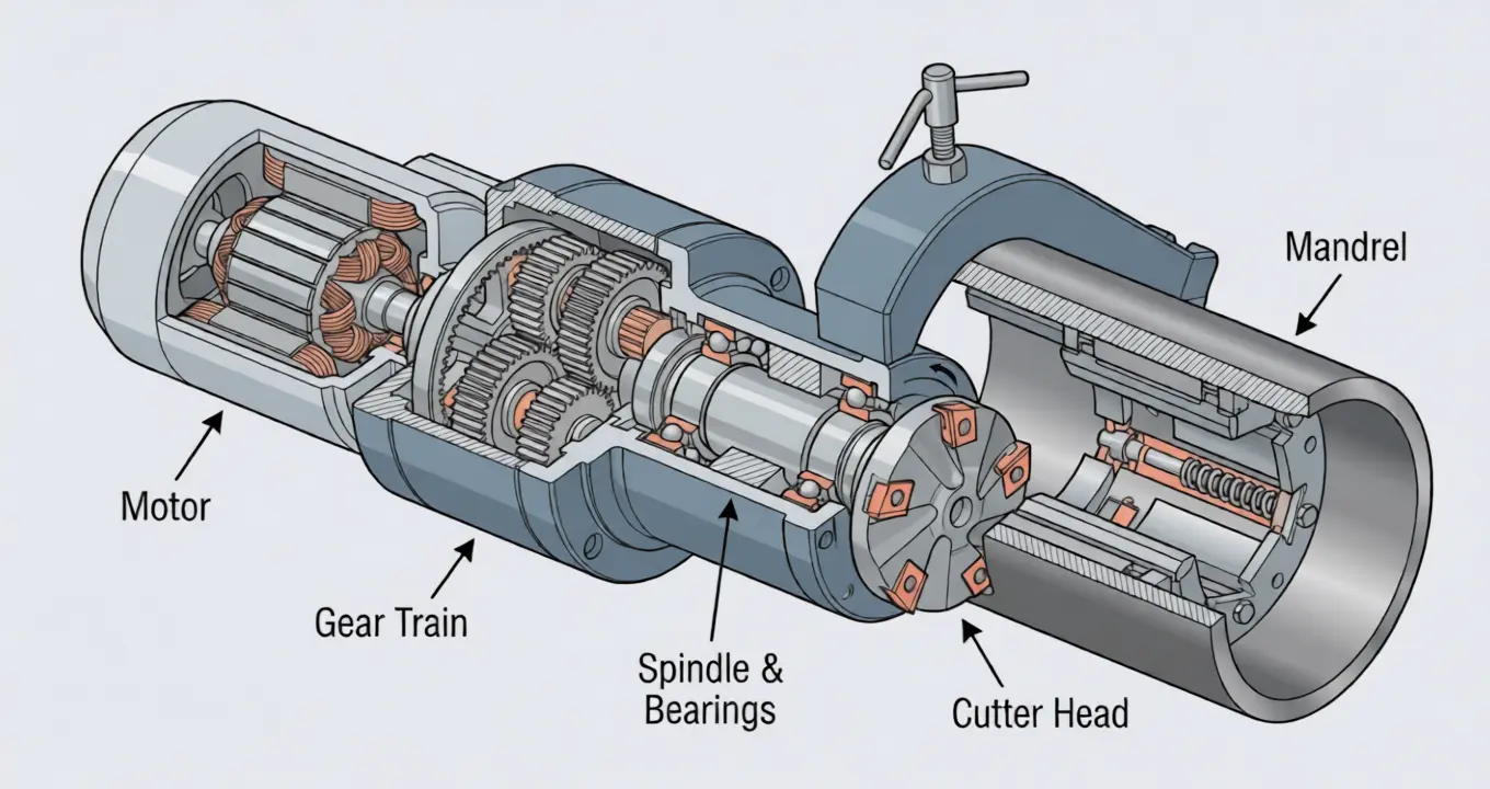 Cutaway illustration of a pipe beveling machine showing internal components: motor, gear train, spindle, cutter head, and mandrel
