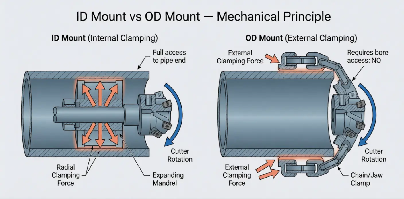Diagram showing ID-mount (mandrel expanding inside pipe bore, cutter rotating on outside) vs OD-mount (chain/jaw clamping outside pipe, cutter rotating on end face) with force arrows