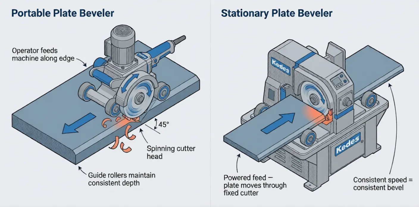 Plate beveling illustration: portable unit riding along plate edge with spinning cutter, and stationary unit feeding plate through fixed cutter head