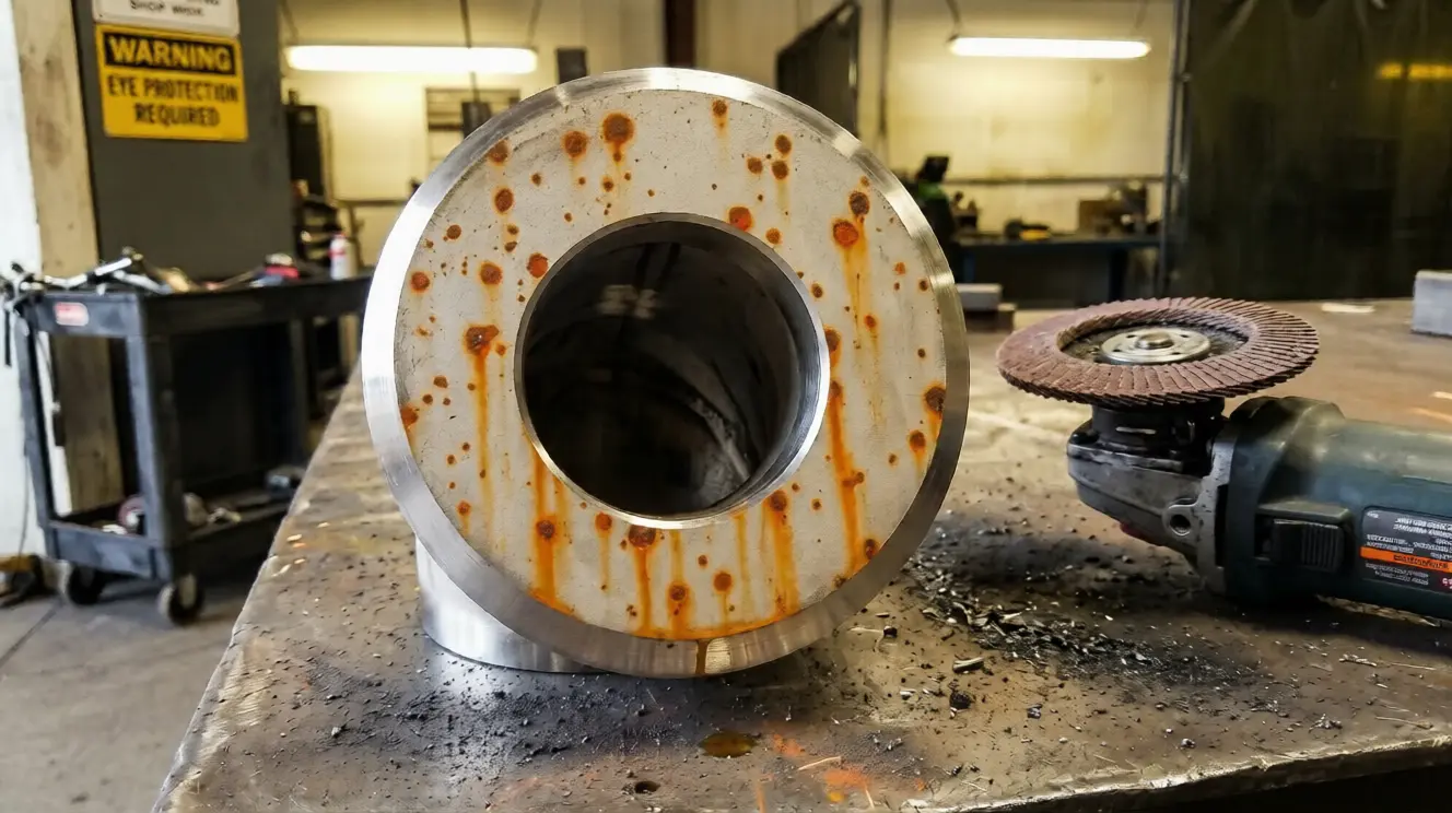 Rust spots visible on a 316L stainless steel pipe bevel face within 48 hours of angle grinder preparation showing iron particle contamination from a carbon steel flap disc