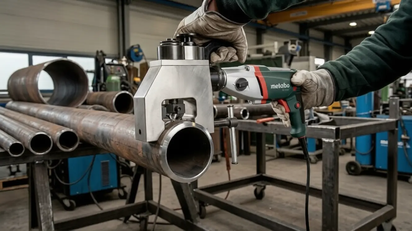 ISC Block Type beveling machine clamped on a boiler waterwall tube, showing compact profile between adjacent tubes