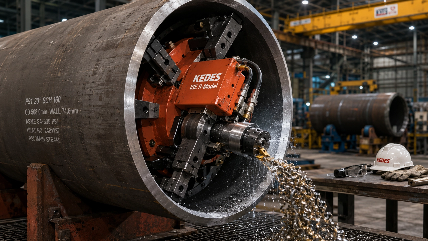 Kedes ISE II-Model heavy-duty pipe beveling machine cold-cutting a thick-wall P91 chrome-moly main steam pipe at a power plant boiler shop with carbide insert tooling