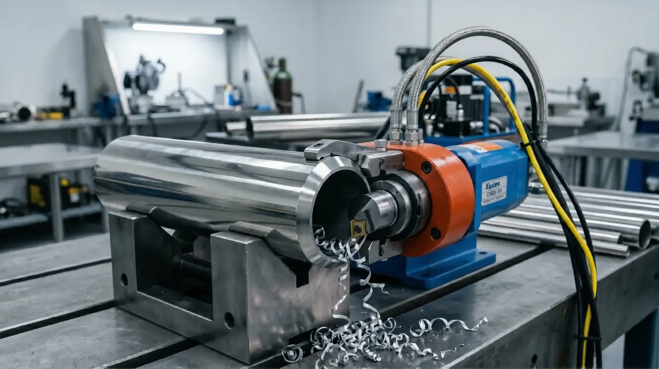 Kedes ISE T-Model ID-mount pipe beveling machine cold cutting a 316L stainless pharmaceutical pipe with tungsten carbide inserts and zero heat input