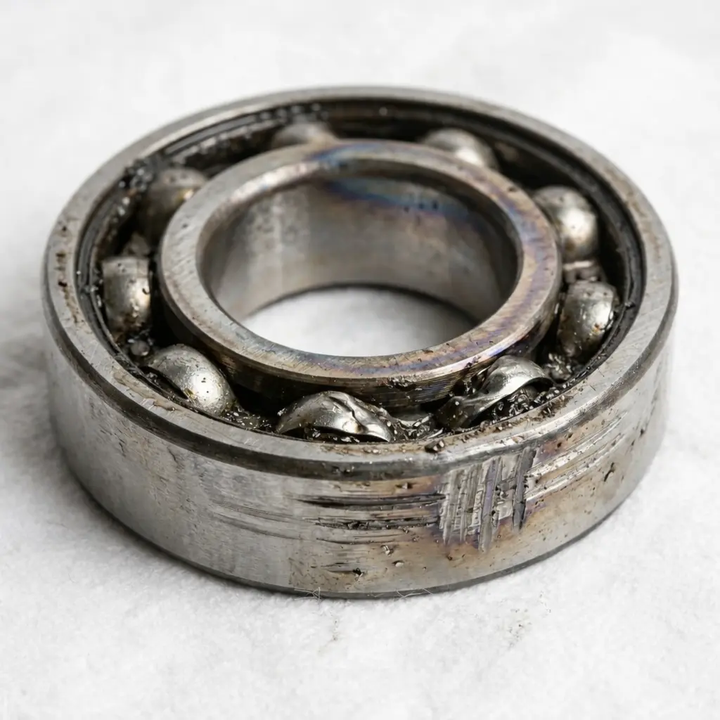 Damaged spindle bearing from a beveling machine that ran without maintenance, showing metal contamination and scoring marks on the bearing race
