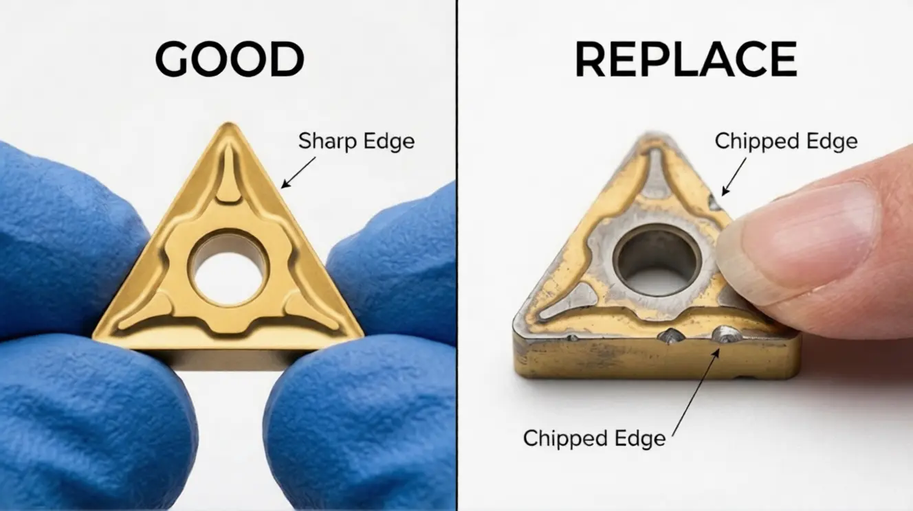 Close-up comparison of a sharp carbide insert edge vs a chipped insert edge, with fingernail test demonstration showing how to feel for chips