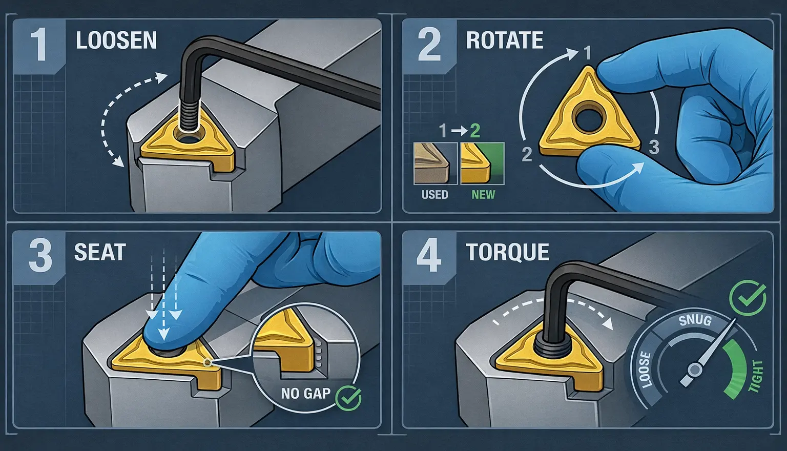 Step-by-step diagram showing carbide insert indexing process: loosening screw, rotating to fresh edge, seating flat in pocket, torquing screw to correct specification