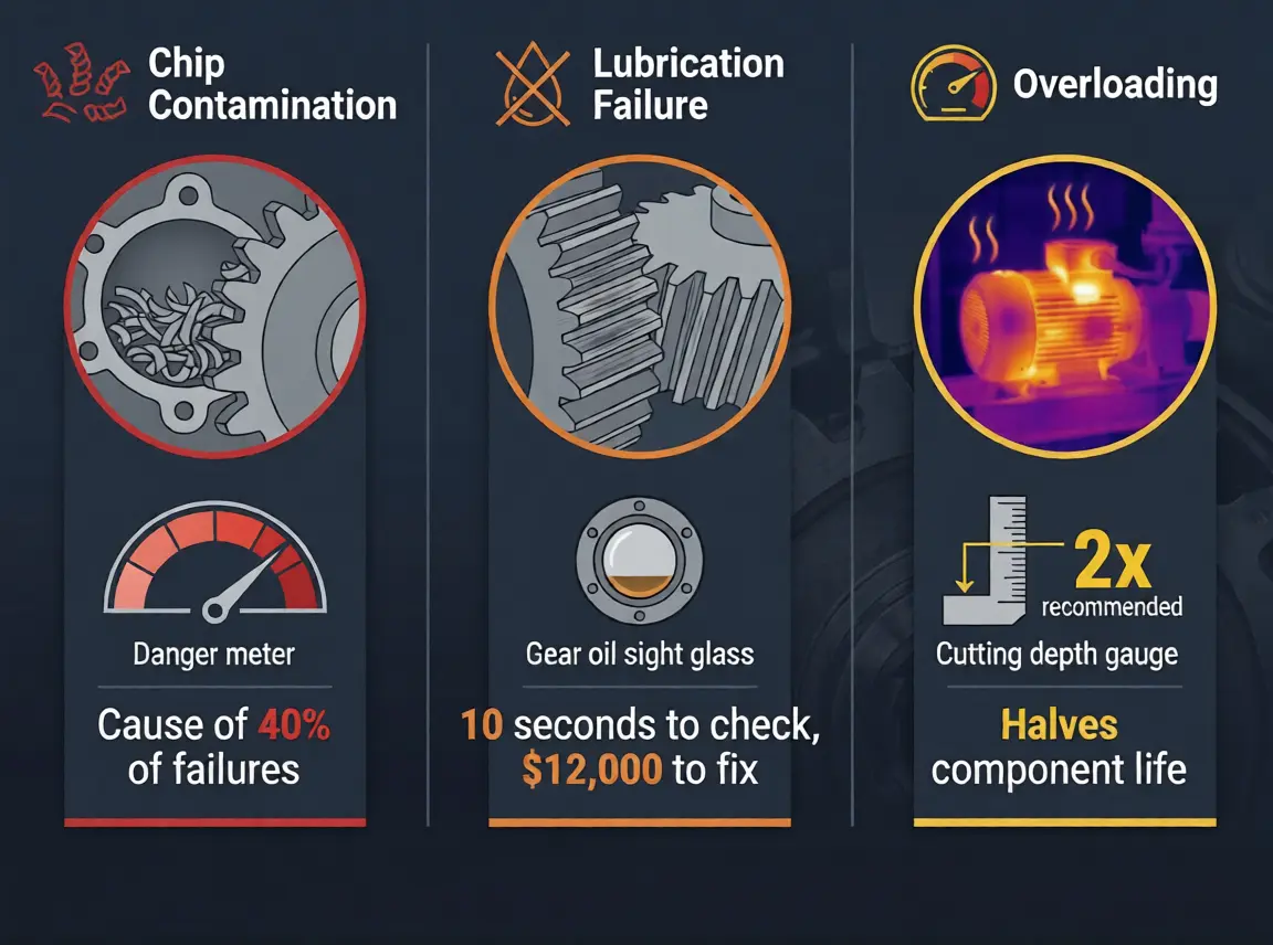 Infographic showing the three killers of beveling machines: chip contamination (microscopic image of chips in bearing), lubrication failure (dry gear teeth with visible scoring), and overloading (thermal image showing overheated motor and gear housing)