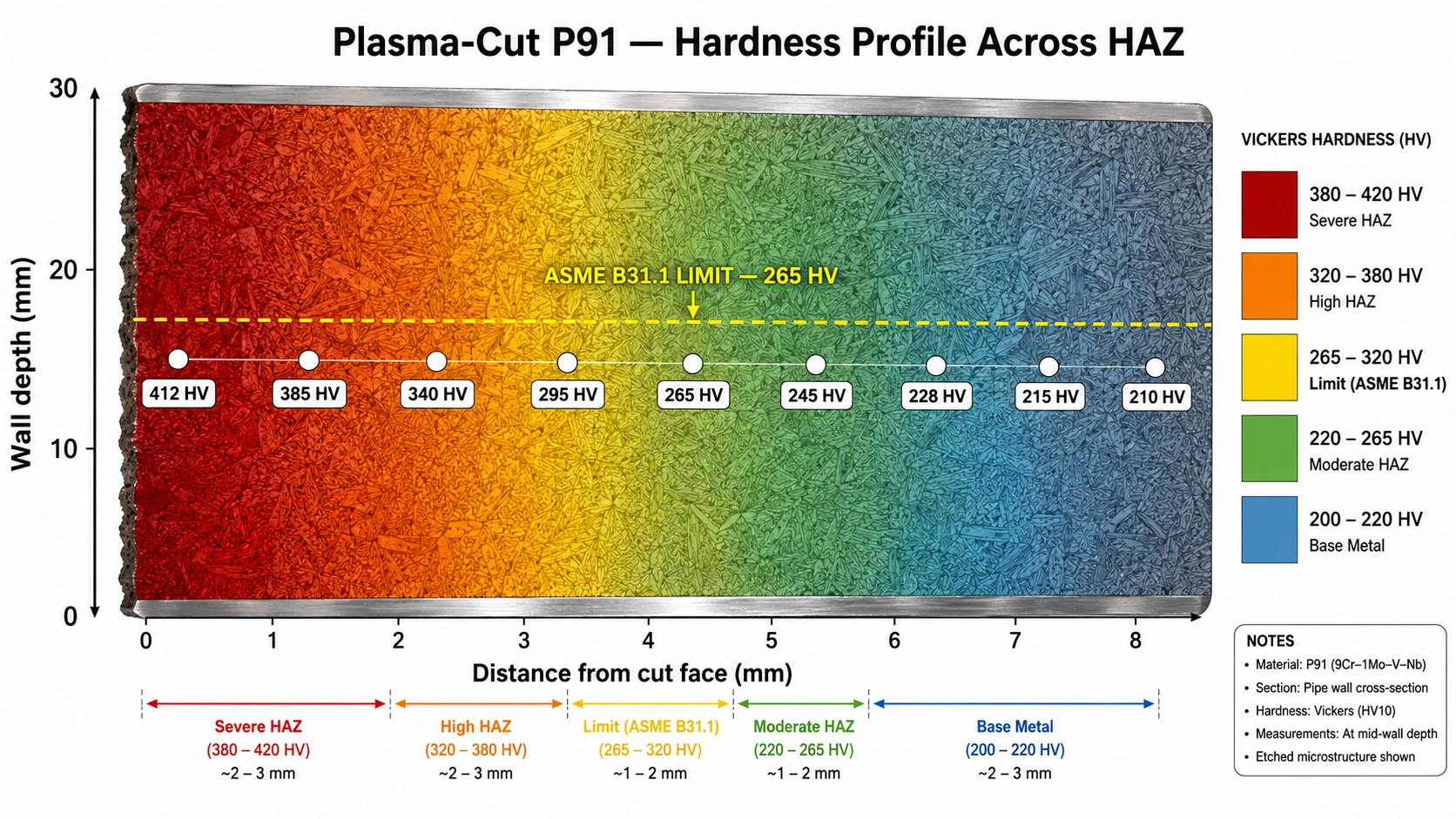 Hardness map overlay on a cross-section of plasma-cut P91 chrome-moly pipe wall showing the gradient from 400+ HV at the cut face down to 220 HV base metal across the heat-affected zone