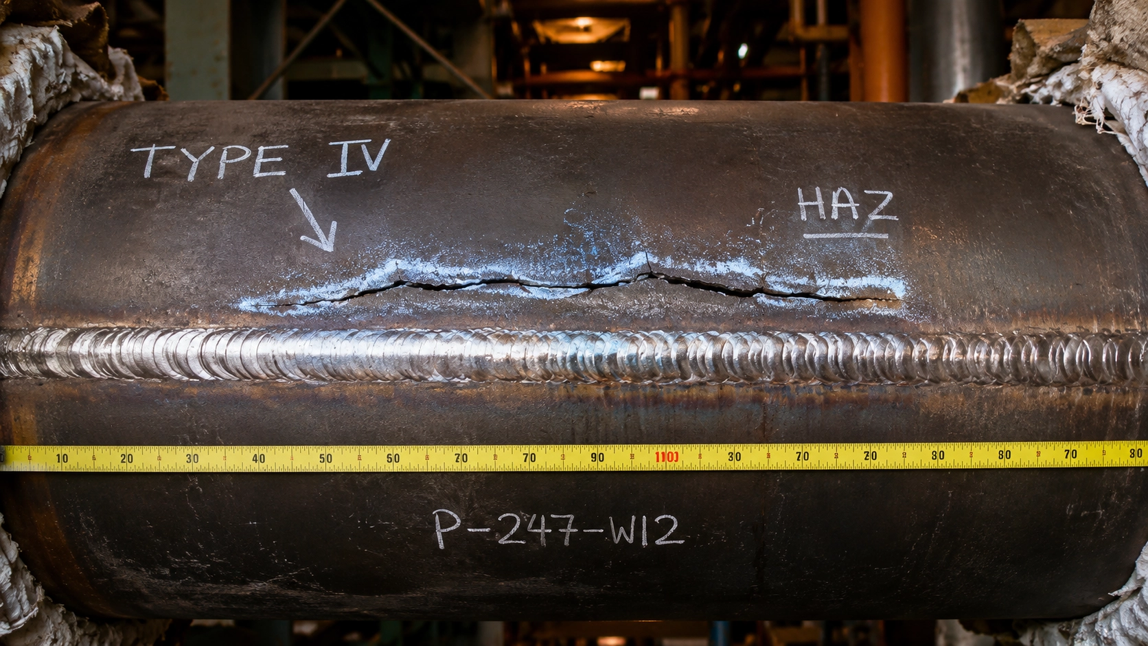 Cracked P91 main steam pipe weld at a power plant boiler showing characteristic Type IV cracking pattern along the heat-affected zone with metallurgical inspection markings