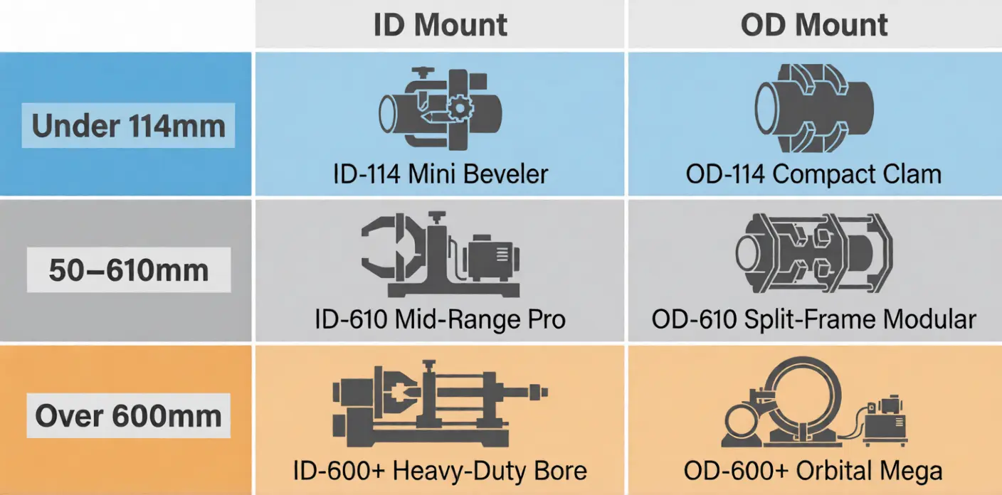 Pipe beveling machine selection decision chart mapping pipe diameter ranges to recommended machine types: Cam-Type for small bore, ISE T-Model for medium, Split Frame for large diameter pipeline work