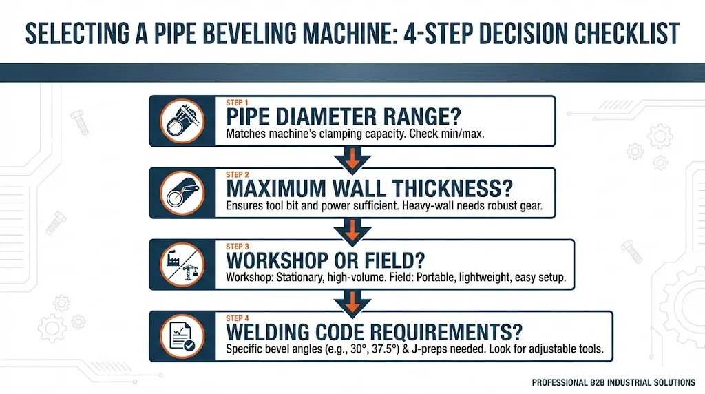 Pipe beveling machine selection checklist: four key questions about pipe diameter, wall thickness, work location, and welding code