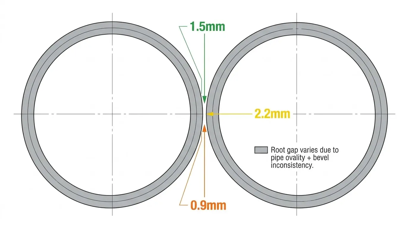 Pipeline field weld fit-up showing root gap variation around pipe circumference due to ovality, with gap measurements at clock positions