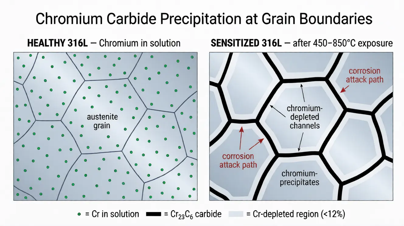 Schematic of chromium carbide precipitation at austenitic stainless steel grain boundaries showing chromium depletion zones responsible for intergranular corrosion in sensitized 316L