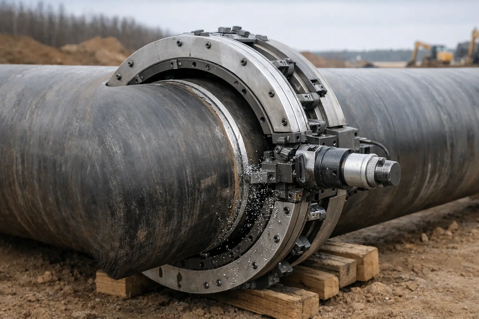 Split frame clamshell beveling machine mounted on large-diameter pipeline in field conditions, performing cold mechanical bevel cut