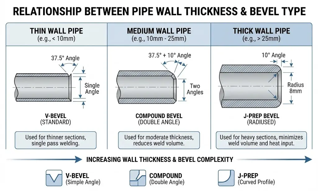 Wall thickness vs recommended bevel type selection chart