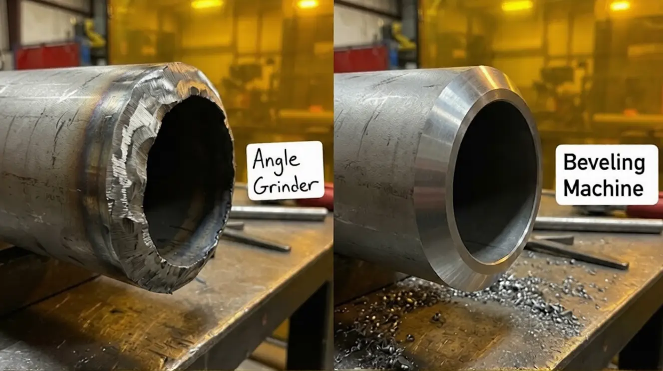 Angle grinder bevel vs machine-cut bevel — rough grinding marks compared to smooth, consistent machine finish