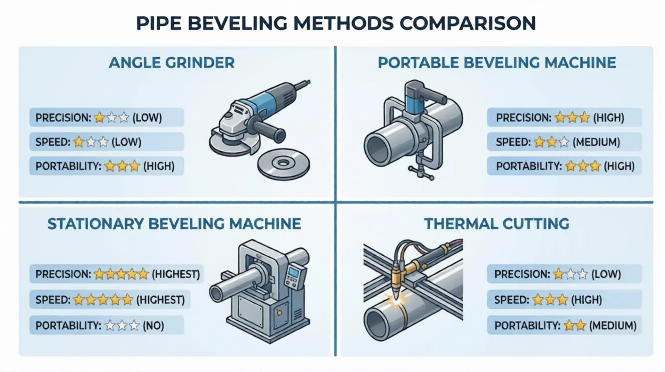 Four pipe beveling methods compared — angle grinder, portable machine, stationary machine, and thermal cutting with precision, speed, and portability ratings